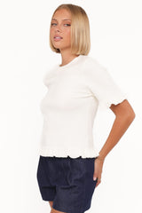 Emilie Short Sleeve Ruffle Crew Sweater - Cream