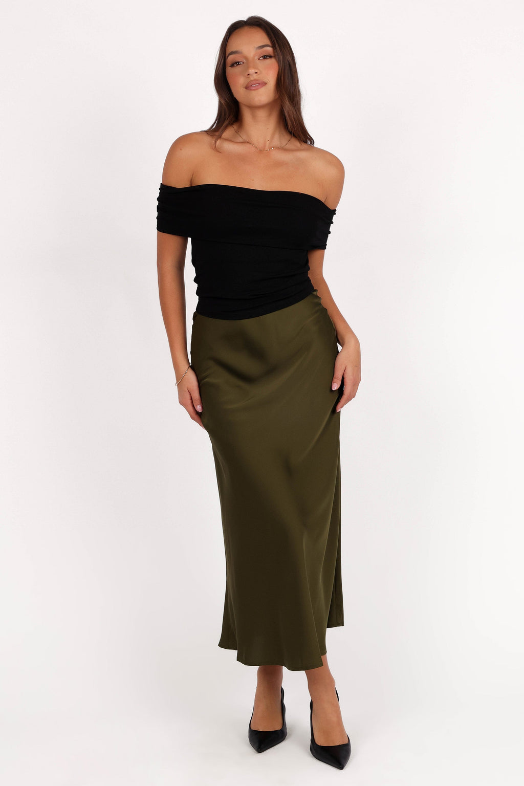 Nellie Satin Midi Skirt - Olive