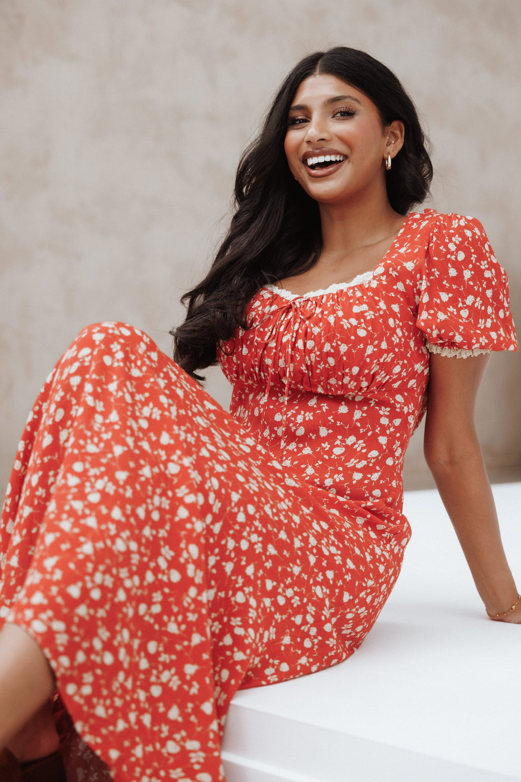 Francine Lace Midi Dress - Red Floral