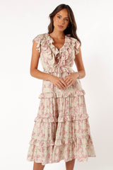 Levelle Midi Ruffle Dress - Ivory/Red Green Floral