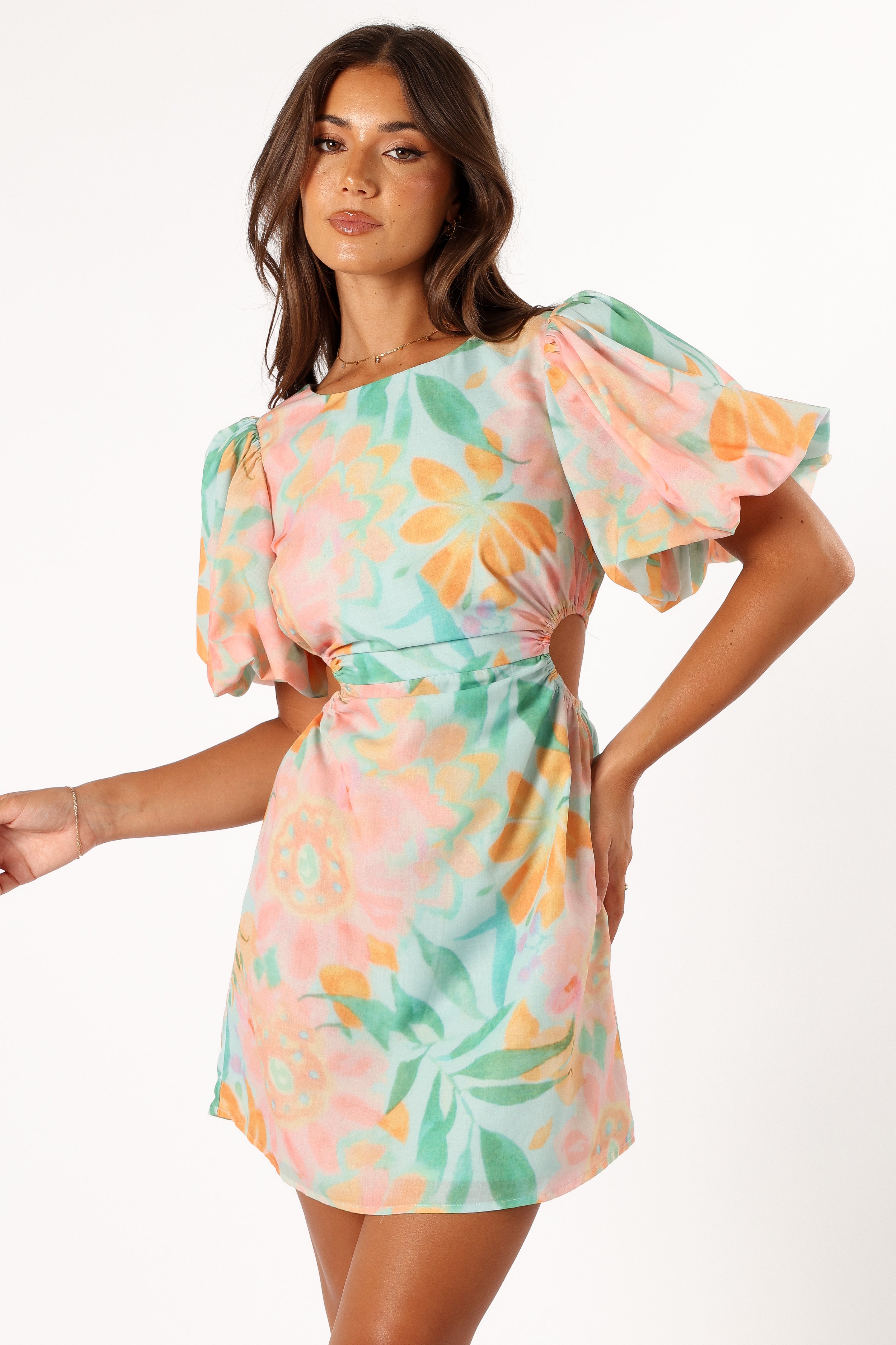 Natalie Puff Sleeve Mini Dress - Coral Print