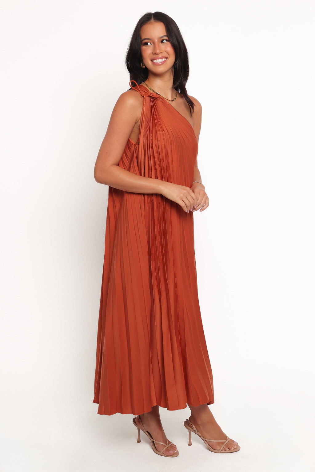 Selena One Shoulder Midi Dress - Russet Bronze