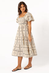 Soliel Puff Sleeve Midi Dress - Beige Black