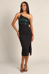 Xayne One Shoulder Sequin Midi Dress - Black/Emerald