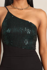 Xayne One Shoulder Sequin Midi Dress - Black/Emerald