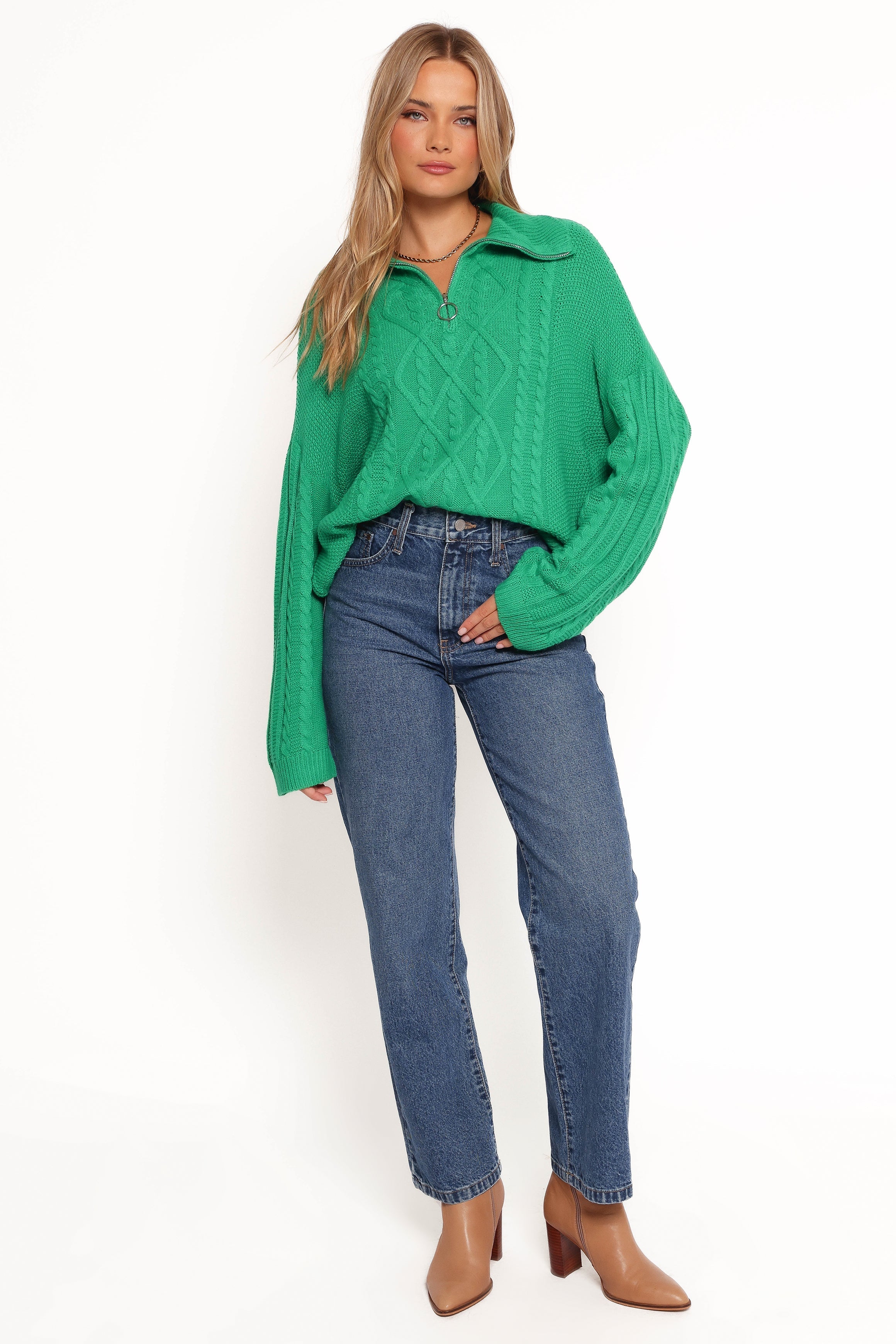 Leon Quarter Zip Cable Knit Sweater - Green