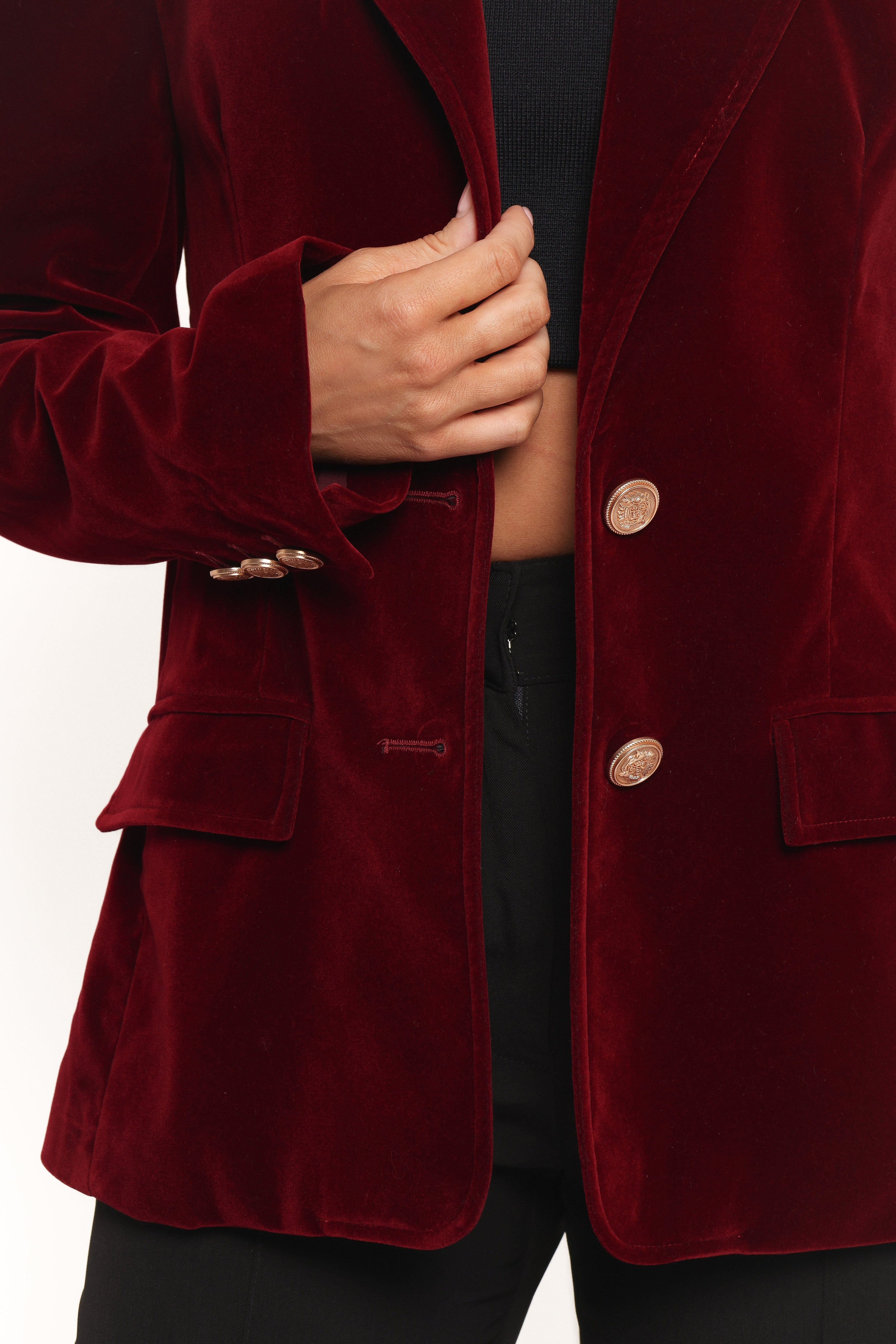 Zpya Single Button Velvet Blazer - Berry