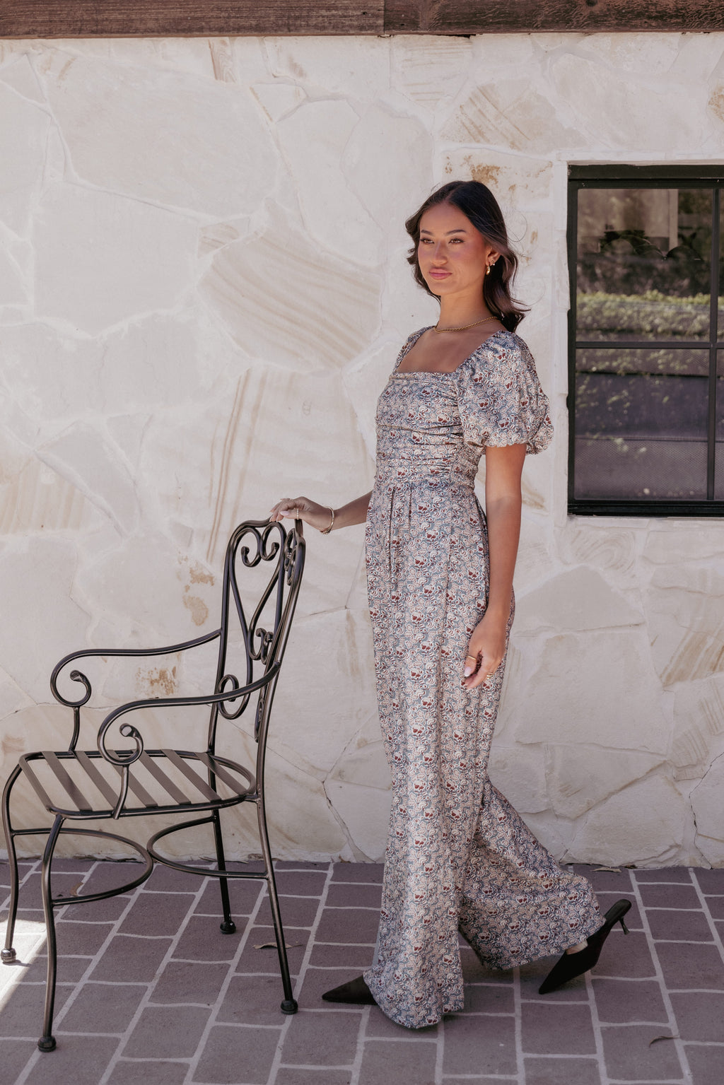 Jayda Puff Sleeve Jumpsuit - Grey Floral