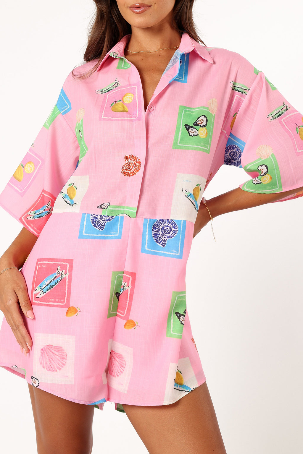 Kellie Romper - Pink Stamp Print