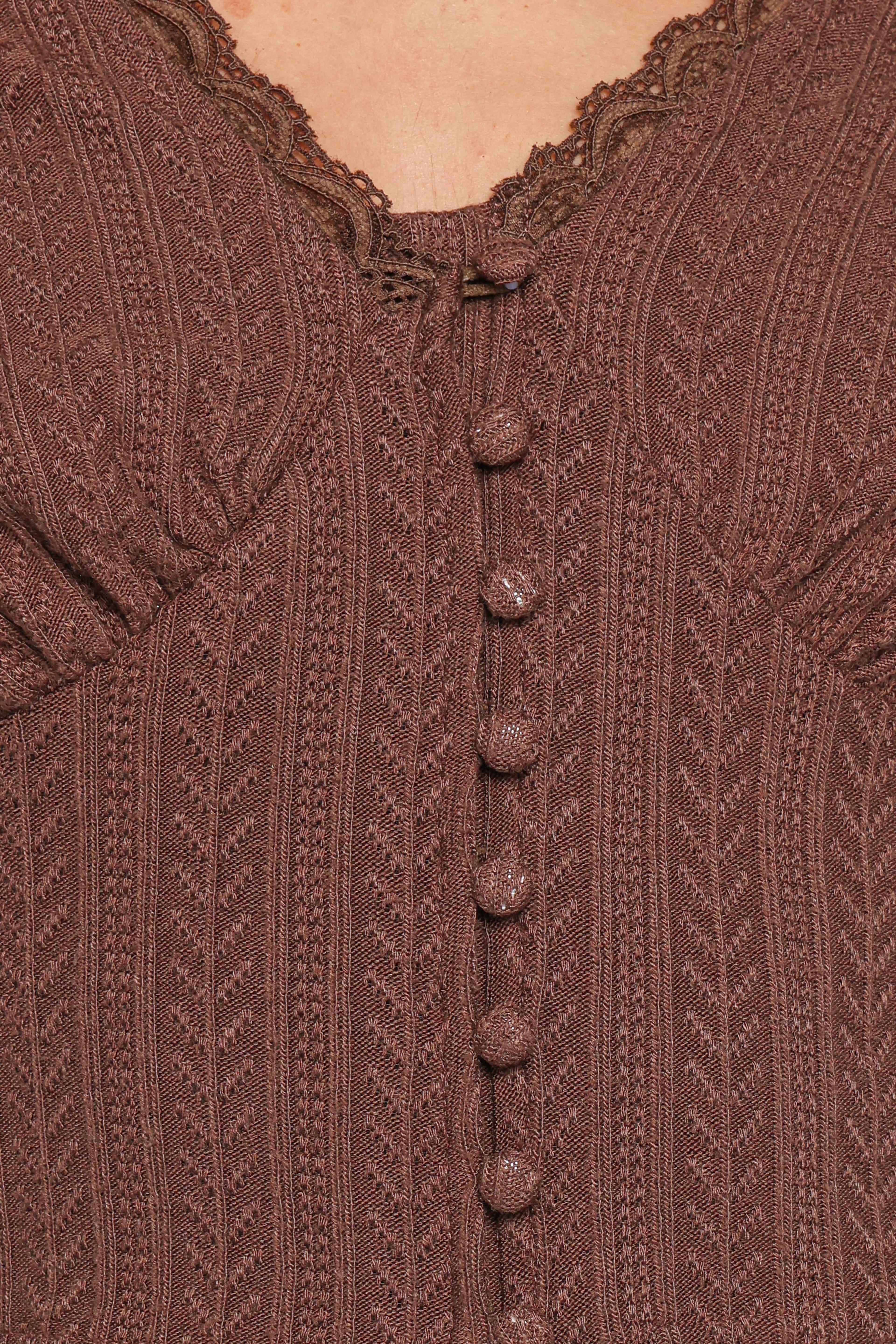 Leslie Long Sleeve Textured Button Front Top - Chocolate
