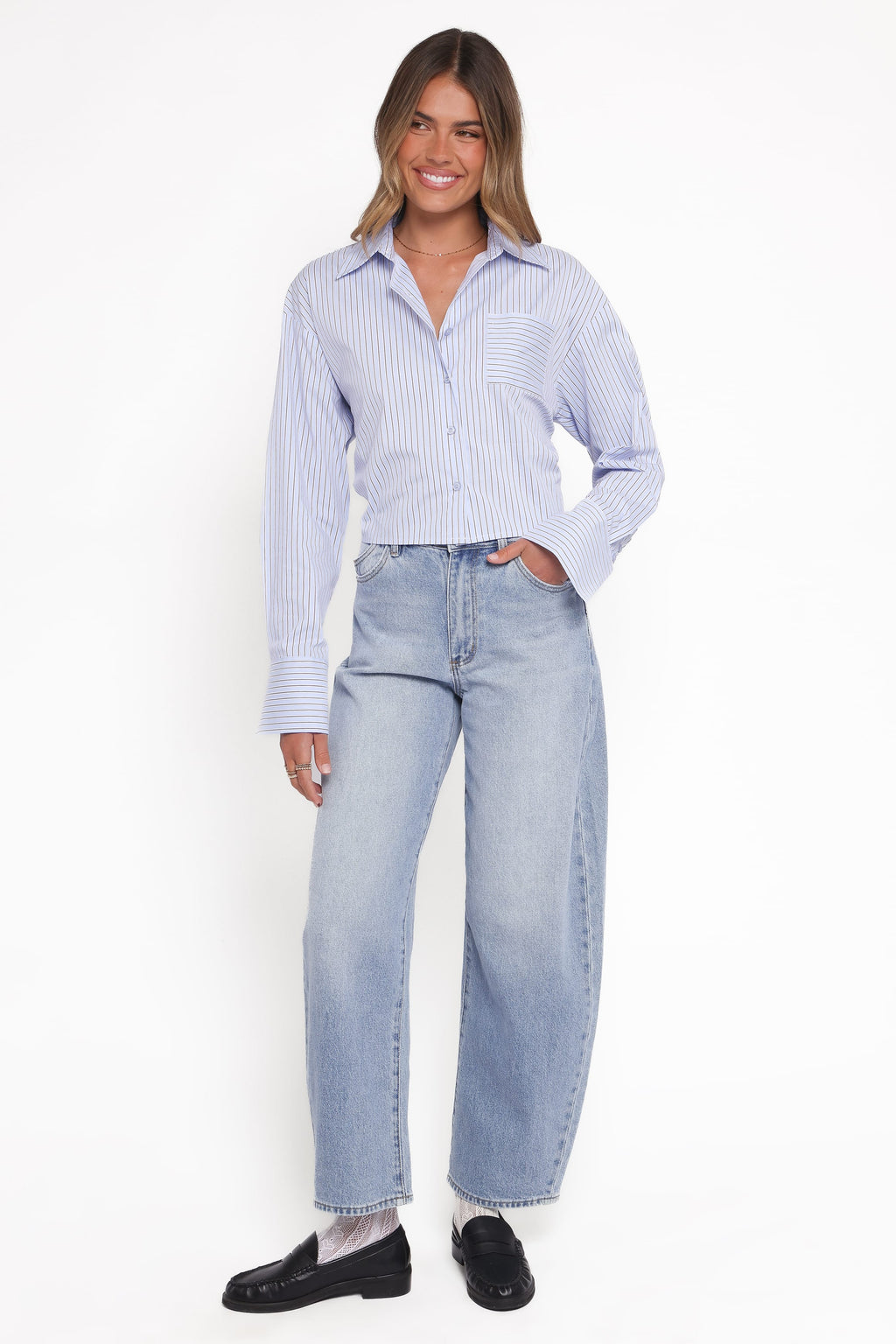 Vienne Tie Back Button Up Shirt - Blue/Brown Stripe